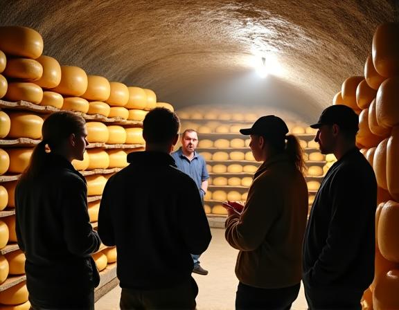Un guide expliquant le processus d'affinage à un groupe dans une cave à fromage humide et fraîche.