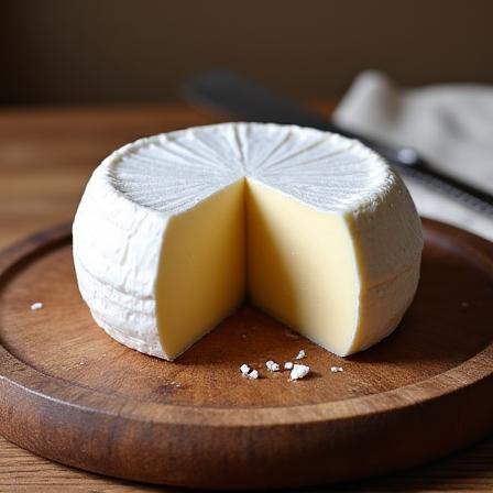 Un fromage Pérail entier sur une planche en bois rustique, avec une croûte délicate.
