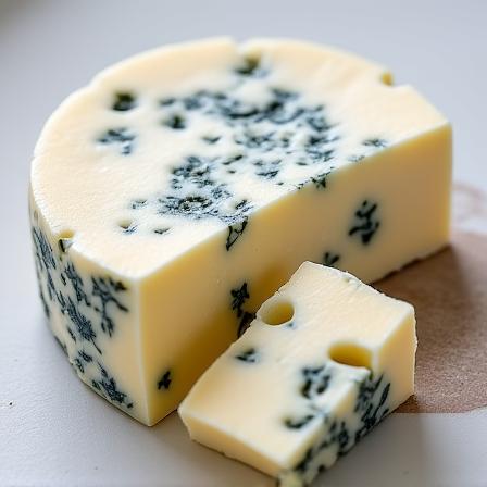 Un quartier de fromage Roquefort AOP 'Héritage' avec ses veines bleues et une miette délicate.