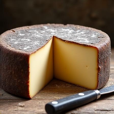Une meule de Tomme de Brebis 'Le Gardien' coupée en deux, révélant sa pâte souple et sa belle couleur.
