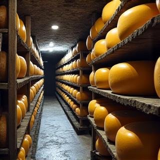 Fromages vieillissant sur des étagères en bois dans une cave en pierre, sous lumière douce.